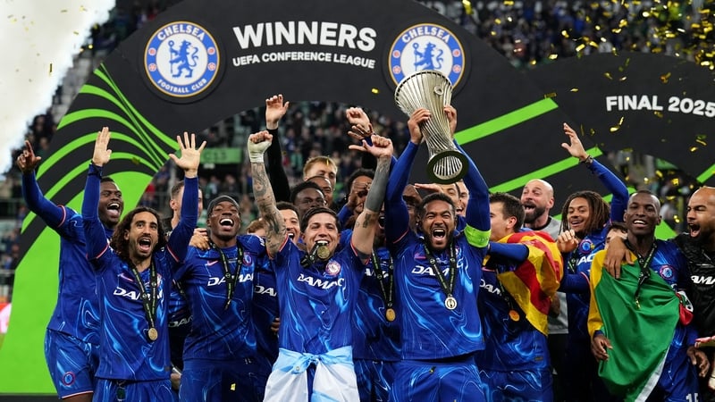 Chelsea's Reece James lifts the UEFA Conference League trophy after victory over Real Betis