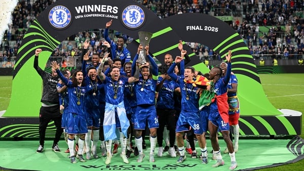 WROCLAW, POLAND - MAY 28: Reece James of Chelsea lifts the UEFA Conference League trophy after his team's victory in the UEFA Conference League Final 2025 between Real Betis Balompie and Chelsea FC at Stadion Wroclaw on May 28, 2025 in Wroclaw, Poland. (P