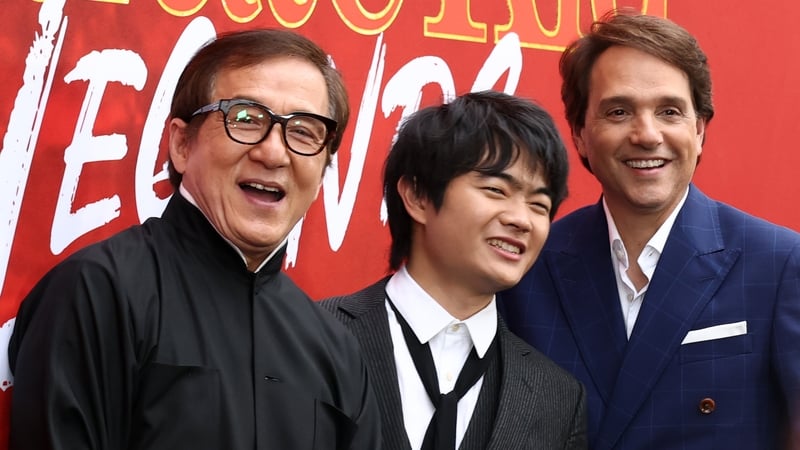 (L-R) Jackie Chan, Ben Wang, and Ralph Macchio at the Karate Kid: Legends premiere in New York City on Tuesday 27 May