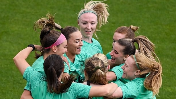 Republic of Ireland players, inlcuding Caitlin Hayes, Katie McCabe, Louise Quinn, Chloe Mustaki and Amber Barrett celebrate during a Republic of Ireland women's training session at Esenler Erok Stadium in Istanbul, Türkiye.