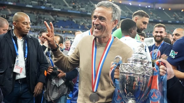 PARIS, FRANCE - MAY 24: PSG coach Luis Enrique, Presnel Kimpembe of PSG celebrate the victory following at Stade de France on May 24, 2025 in Paris, France. (Photo by Koji Watanabe/Getty Images)