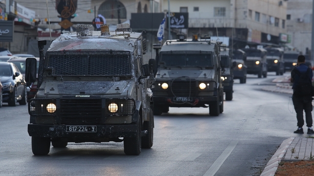 NABLUS, WEST BANK - MAY 29: Israeli military vehicles patrol on street during a raid on Salam Neighborhood in Nablus, West Bank on May 29, 2025. (Photo by Nedal Eshtayah/Anadolu via Getty Images)