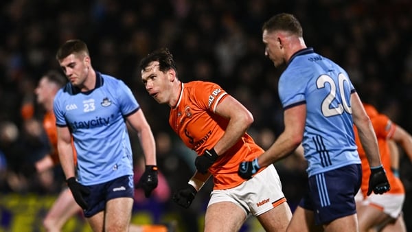 1 March 2025; Barry McCambridge of Armagh celebrates after scoring his side's first goal during the Allianz Football League Division 1 match between Armagh and Dublin at the BOX-IT Athletic Grounds in Armagh. Photo by Ben McShane/Sportsfile