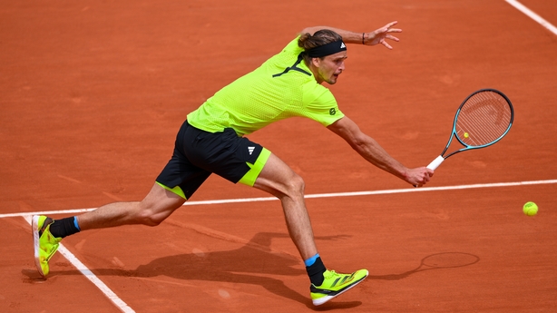 PARIS, FRANCE - MAY 29: Alexander Zverev of Germany plays a volley against Jesper de Jong of Netherlands during the Men's Singles Second Round match on Day Five of the 2025 French Open at Roland Garros on May 29, 2025 in Paris, France. (Photo by Franco Arland/Getty Images)