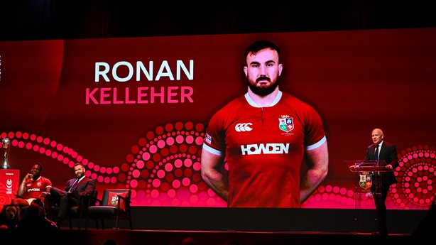 8 May 2025; Rónan Kelleher is announced by Board Chairman Ieuan Evans, right, as Captain Maro Itoje, far left, and Head Coach Andy Farrell, second left, look on during the British & Irish Lions Squad and Captain announcement for the 2025 Tour of Australia at Indigo at The O2 in London, England. Phot