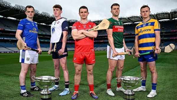 29 May 2025; Players, from left, Lory Meagher Cup finalists Cavan's Enda Shalvey and New York's Tom O'Meara, Christy Ring Cup finalist Derry's Cormac O'Doherty, and Nickey Rackard Cup finalists Mayo's David Kenny and Roscommon's Conor Mulry, during a Chri