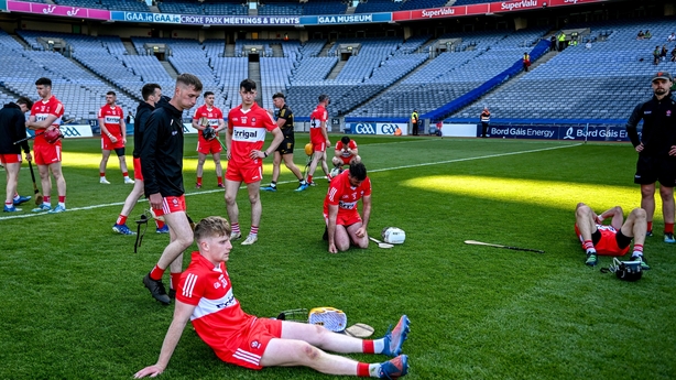 3 June 2023; Derry players after their side's defeat in the Christy Ring Cup Final match between Derry and Meath at Croke Park in Dublin. Photo by Harry Murphy/Sportsfile