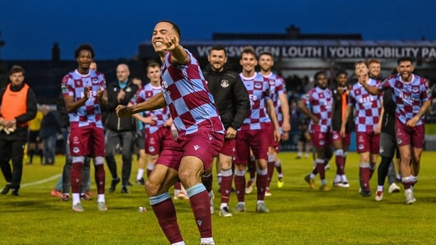 Douglas James-Taylor of Drogheda United celebrates after his side's victory in the SSE Airtricity Men's Premier Division match between Drogheda United and Bohemians at Sullivan & Lambe Park in Drogheda, Louth.