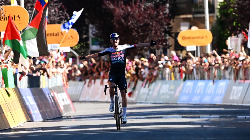 Nico Denz celebrates at finish line