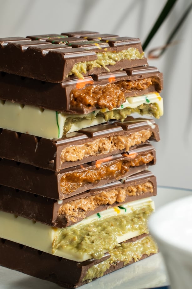 a stack of chocolate bars