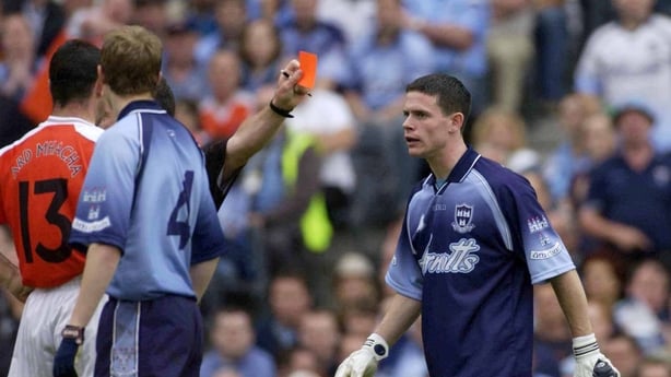 5 July 2003; Dublin 'keeper Stephen Cluxton is sent off by referee Pat McEnaney. Bank of Ireland Senior Football Championship qualifier Round 3, Dublin v Armagh, Croke Park, Dublin. Picture credit; Ray McManus / SPORTSFILE *EDI*