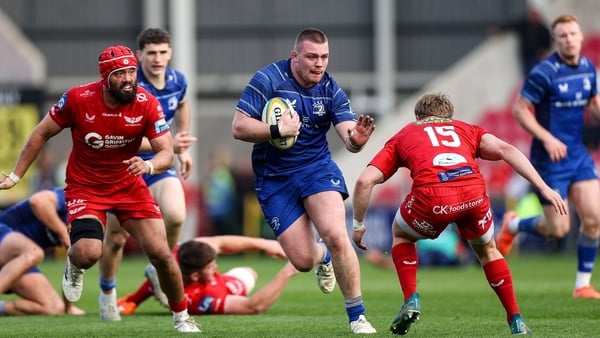 26 April 2025; Jack Boyle of Leinster makes a break during the United Rugby Championship match between Scarlets and Leinster at Parc Y Scarlets in Swansea, Wales. Photo by Chris Fairweather/Sportsfile