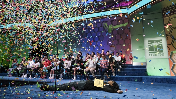 NATIONAL HARBOR, MARYLAND - MAY 29: Faizan Zakiage 13 celebrates after being named the winner of the 100th 2025 Scripps National Spelling Bee at the Gaylord National Resort and Convention Center on May 29, 2025 in National Harbor, Maryland. 9 participants throughout the United States from the of ag