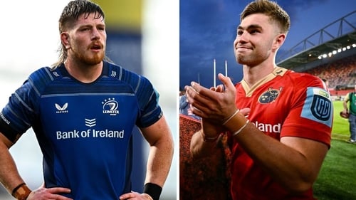 Leinster's Joe McCarthy and Munster's Jack Crowley