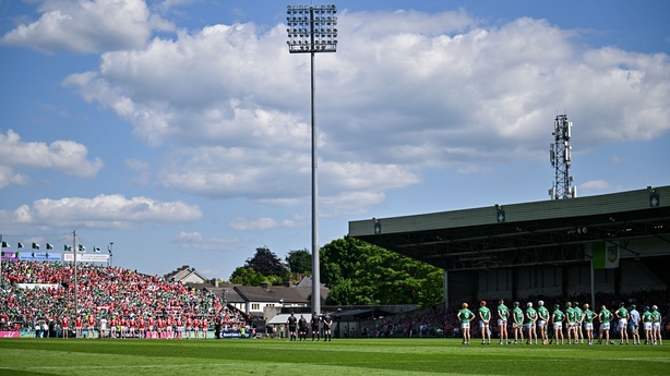 18 May 2025; Players and officials stand for a minute's silence in memory of the Great Famine before the Munster GAA Hurling Senior Championship Round 4 match between Limerick and Cork at TUS Gaelic Grounds in Limerick. Photo by Sam Barnes/Sportsfile