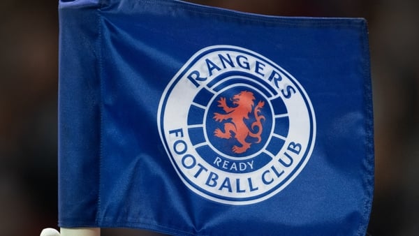 GLASGOW, SCOTLAND - AUGUST 22: The Glasgow Rangers badge on a corner flag during the UEFA Champions League Qualifying Play-Off, First Leg match between Glasgow Rangers and PSV Eindhoven at Ibrox Stadium on August 22, 2023 in Glasgow, Scotland. (Photo by V
