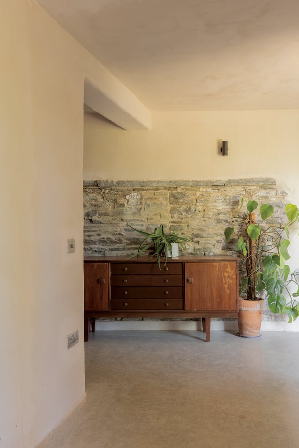 a room with a dresser and potted plants