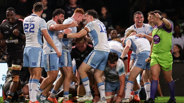29 March 2025; Michael Milne and Charlie Tector of Leinster celebrate at the final whistle of the United Rugby Championship match between Hollywoodbets Sharks and Leinster at Hollywoodbets Kings Park in Durban, South Africa. Photo by Shaun Roy/Sportsfile