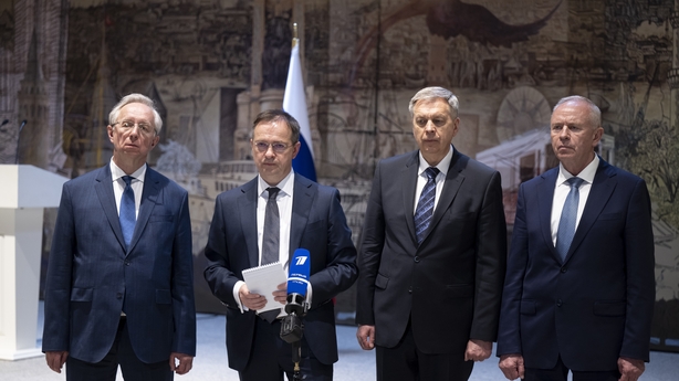 ISTANBUL, TURKIYE - MAY 16: Vladimir Medinsky (2nd L), Counselor to Russian President Vladimir Putin and Head of the Russian delegation at the negotiations in Istanbul, speaks to press after the trilateral meeting among Turkiye, Russia, and Ukraine aimed at seeking peace between Moscow and Kyiv, at 