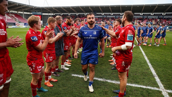 26 April 2025; Ronan Kelleher of Leinster leads his side off the field after their 35-22 defeat in the United Rugby Championship match between Scarlets and Leinster at Parc Y Scarlets in Swansea, Wales. Photo by Chris Fairweather/Sportsfile