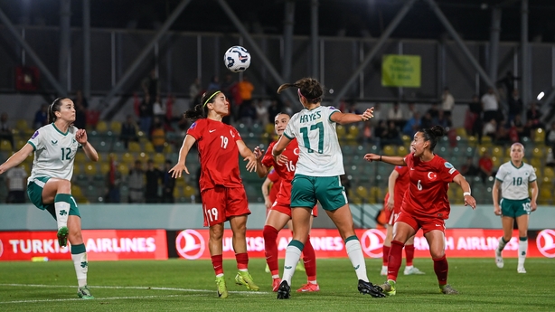 30 May 2025; Busem Şeker of Türkiye, 19, under pressure from Caitlin Hayes of Republic of Ireland, heads the ball towards her own goal and over her goalkeeper, not pictured, resulting in an equalising goal for Republic of Ireland during the UEFA Women's Nations League, League B match between Türkiye
