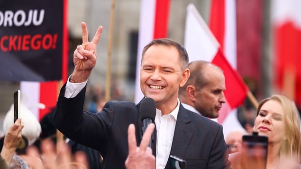 Karol Nawrocki, presidential candidate supported by the Law and Justice party, attends a campaign rally on May 29, 2025 in Katowice, Poland. Second round of presidential elections in Poland will take place on June 1st. Nawrocki will compete with Rafal Trzaskowski, pro-European ruling party's candida
