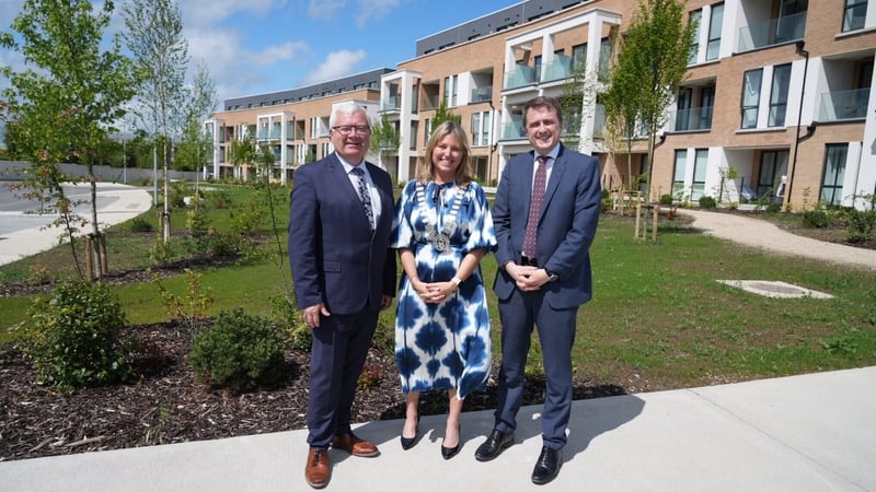 Chief Executive of Meath County Council Kieran Kehoe, Cathaoirleach of Meath County Council Councillor Sharon Tolan and Minister for Housing James Browne at the Farganstown development outside Navan today