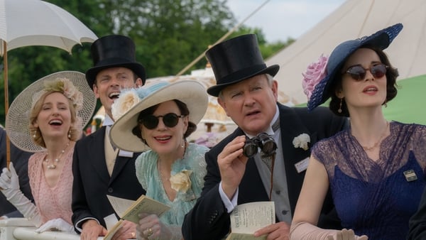 (L-R) Laura Carmichael as Lady Edith, Harry Hadden-Paton as Bertie Hexham, Elizabeth McGovern as Cora Grantham, Hugh Bonneville as Robert Grantham, and Michelle Dockery as Lady Mary in Downton Abbey: The Grand Finale