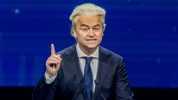 MADRID, SPAIN - FEBRUARY 08: The leader of the Party for Freedom, Geert Wilders, speaks during the 'Patriots' summit, at the Marriott Auditorium Hotel, on February 8, 2025, in Madrid, Spain. Vox has organized in Madrid a summit of 'Patriots', a formation