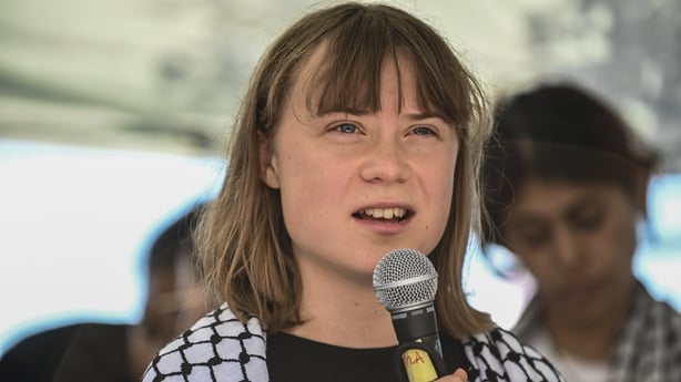 CATANIA, ITALY - JUNE 01: Greta Thunberg speaking at the press conference. Greta is part of the crew of the ship Madleen, headed to Gaza to deliver humanitarian aid on June 01, 2025 in Catania, Italy. Swedish activist Greta Thunberg is among those who will attempt to sail to Gaza on a boat organized