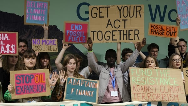 BAKU, AZERBAIJAN - NOVEMBER 22: Activists protest against fossil fuels and for climate finance on day eleven at the UNFCCC COP29 Climate Conference on November 22, 2024 in Baku, Azerbaijan. While today is scheduled to be the last day of the COP29, party d