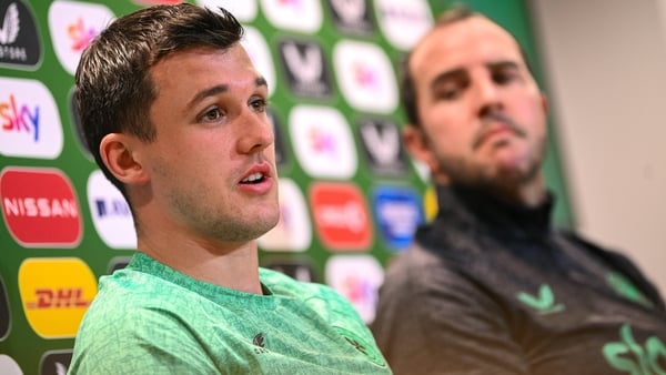 3 June 2025; Jason Knight, left, and Assistant head coach John O'Shea during a Republic of Ireland press conference at the FAI National Training Centre in Abbotstown, Dublin. Photo by Ramsey Cardy/Sportsfile
