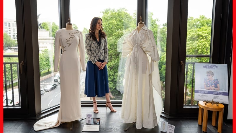 Items up for auction include a Princess Diana 1986 Catherine Walker Falcon Evening Gown with book, estimated between $200,000 - $300,000 and a Princess Diana Palmer/Harding Falcon Revival Gown. Photo credit: Aaron Chown/PA