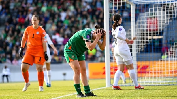 3 June 2025; Emily Murphy of Republic of Ireland reacts after missing an opportunity on goal during the UEFA Women's Nations League, League B match between Republic of Ireland and Slovenia at Páirc Uí Chaoimh in Cork. Photo by Stephen McCarthy/Sportsfile
