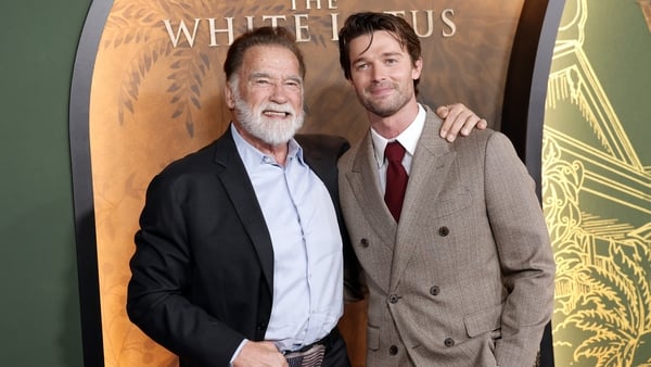 LOS ANGELES, CALIFORNIA - FEBRUARY 10: (L-R) Arnold Schwarzenegger and Patrick Schwarzenegger attend the Los Angeles Premiere of HBO Original Series "The White Lotus" Season 3 at Paramount Theatre on February 10, 2025 in Los Angeles, California. (Photo by