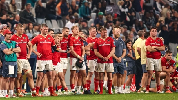 31 May 2025; Munster players look on during the kick-off after the United Rugby Championship quarter-final match between Hollywoodbets Sharks and Munster at Kings Park Stadium in Durban, South Africa ended in a 24-24 draw. Photo by Shaun Roy/Sportsfile