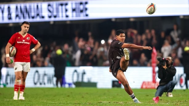 31 May 2025; Bradley Davids of Hollywoodbets Sharks kicks the final kick as Hollywoodbets Sharks beat Munster in the kick off to qualify for the semi-finals during the United Rugby Championship quarter-final match between Hollywoodbets Sharks and Munster at Kings Park Stadium in Durban, South Africa
