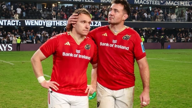 31 May 2025; Rory Scannell of Munster is comforted by Niall Scannell of Munster after Hollywoodbets Sharks beat Munster in a kick-off to qualify for the semi-finals during the United Rugby Championship quarter-final match between Hollywoodbets Sharks and Munster at Kings Park Stadium in Durban, Sout