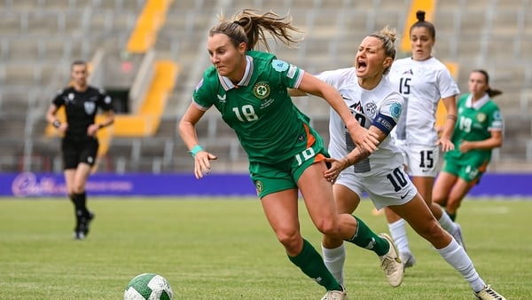 3 June 2025; Kyra Carusa of Republic of Ireland in action against Dominika Čonč of Slovenia during the UEFA Women's Nations League, League B match between Republic of Ireland and Slovenia at Páirc Uí Chaoimh in Cork. Photo by Stephen McCarthy/Sportsfile