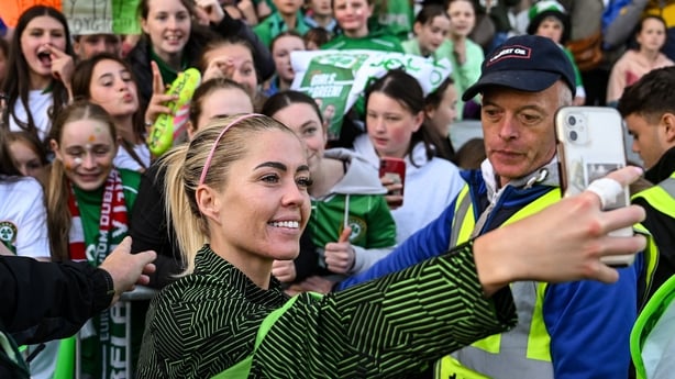 3 June 2025; Denise O'Sullivan of Republic of Ireland with supporters after the UEFA Women's Nations League, League B match between Republic of Ireland and Slovenia at Páirc Uí Chaoimh in Cork. Photo by David Fitzgerald/Sportsfile
