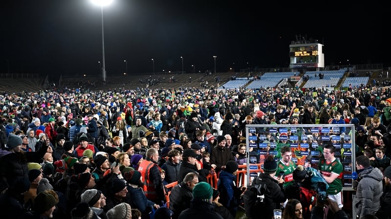 Mayo's Paddy Durcan and Stephen Coen are interviewed by RTÉ Sport after the Allianz Football League Division 1 match between Mayo and Dublin in February 2024. Photo: Stephen McCarthy/Sportsfile via Getty Images