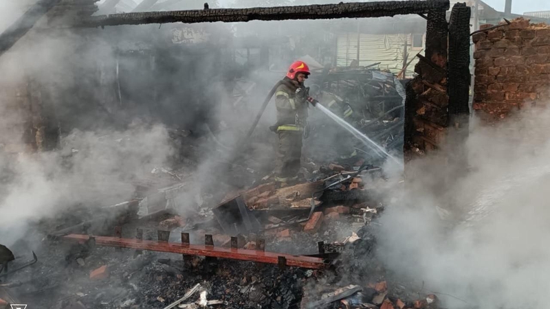 A firefighter at the scene of the attack in Pryluky (Pic: State Emergency Service of Ukraine)
