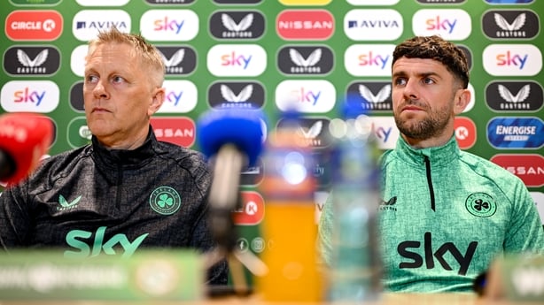 5 June 2025; Head coach Heimir Hallgrimsson and Robbie Brady during a Republic of Ireland media conference at the FAI Headquarters in Abbotstown, Dublin. Photo by Stephen McCarthy/Sportsfile