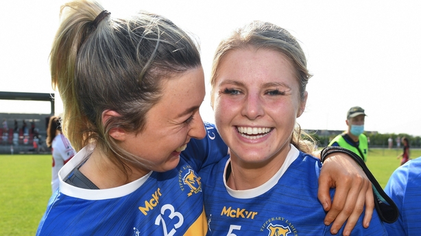 Angela McGuigan, left and Elaine Kelly celebrate Tipp's win in the 2021 SFC relegation play-off against Tyrone