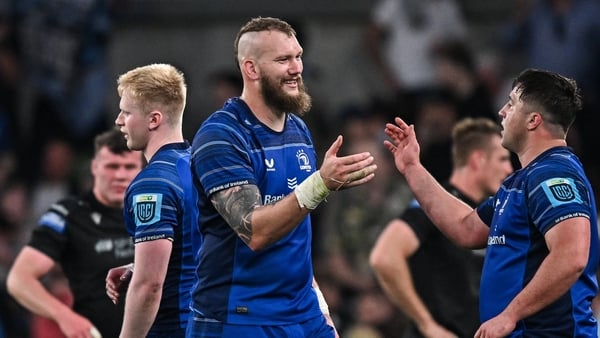 17 May 2025; Leinster players RG Snyman, left, and Thomas Clarkson celebrate after their side's victory in the United Rugby Championship match between Leinster and Glasgow Warriors at the Aviva Stadium in Dublin. Photo by Sam Barnes/Sportsfile