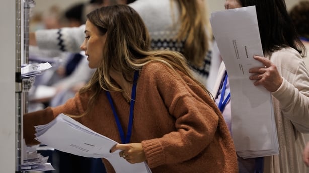 GREYSTONES, IRELAND - NOVEMBER 30: Ballots are processed at the Wicklow count the day after the election on November 30, 2024 in Greystones, Ireland. 174 Teachtaí Dála (TDs) will be elected across 43 constituencies to Dáil Éireann, the lower house of the Oireachtas, Ireland's legislature. In 2023, t