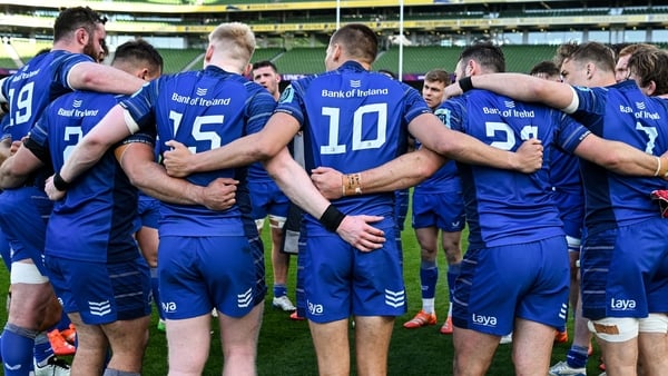 10 May 2025; The Leinster team huddle after the United Rugby Championship match between Leinster and Zebre Parma at the Aviva Stadium in Dublin. Photo by Brendan Moran/Sportsfile