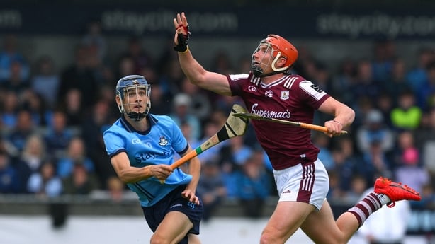 25 May 2025; Conor Whelan of Galway is tackled by Conor Donohue of Dublin during the Leinster GAA Hurling Senior Championship Round 5 match between Dublin and Galway at Parnell Park in Dublin. Photo by Ray McManus/Sportsfile