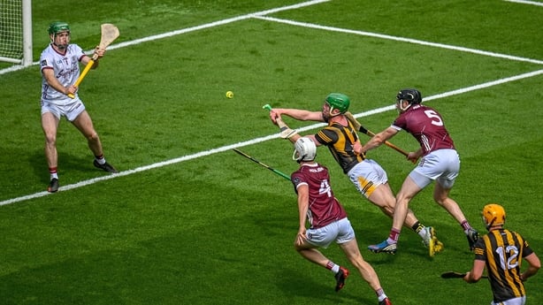 11 June 2023; Martin Keoghan of Kilkenny scores his side's first goal, despite pressure from Galway players Darren Morrissey, 4, Pádraic Mannion, right, and goalkeeper Éanna Murphy, during the Leinster GAA Hurling Senior Championship Final match between Kilkenny and Galway at Croke Park in Dublin. P