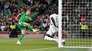 6 June 2025; Kasey McAteer of Republic of Ireland scores his side's first goal during the international friendly match between Republic of Ireland and Senegal at the Aviva Stadium in Dublin. Photo by Ben McShane/Sportsfile